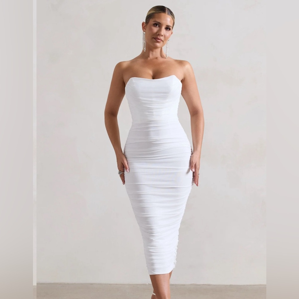 Club L London Nylah White Ruched Corset Bodycon Midi Dress